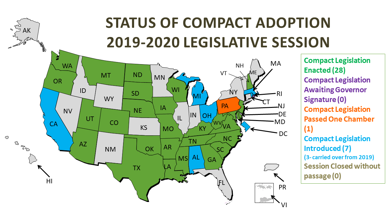 Map of the Status of Compact Adoption in the 2019 Legislative Session. Compact Legislation Enacted (26). Compact legislation awaiting governor signature (0). Compact Legislation passed on chamber (0). Compact legislation introduced (4). Session closed without passage (1).