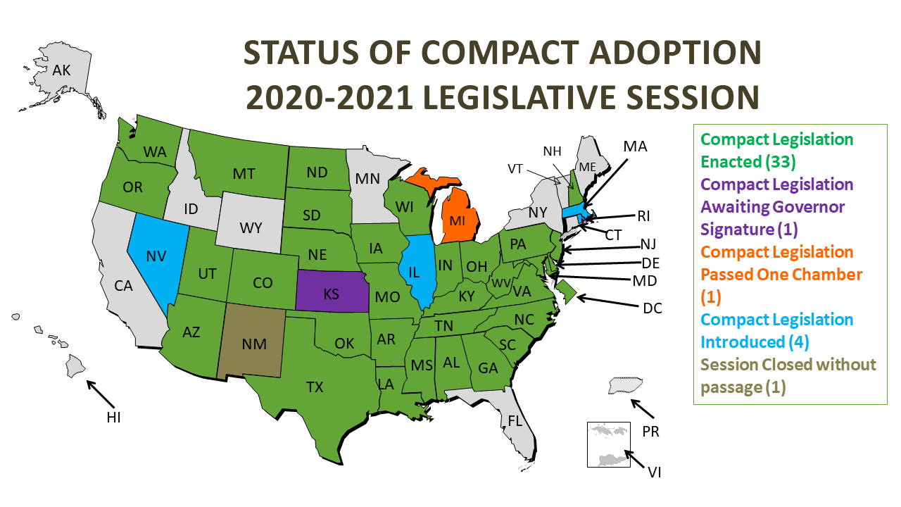 Map of the Status of Compact Adoption in the 2021 Legislative Session. Compact Legislation Enacted (26). Compact legislation awaiting governor signature (0). Compact Legislation passed on chamber (0). Compact legislation introduced (4). Session closed without passage (1).