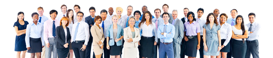 A large, diverse group of people looking at the camera